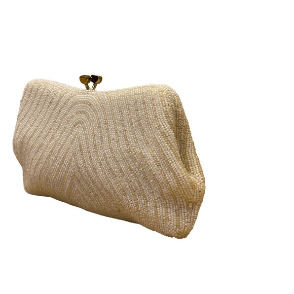 Vintage Women’s Ivory Beaded Made in Japan Kiss Lock Evening Clutch - Picture 2 of 8